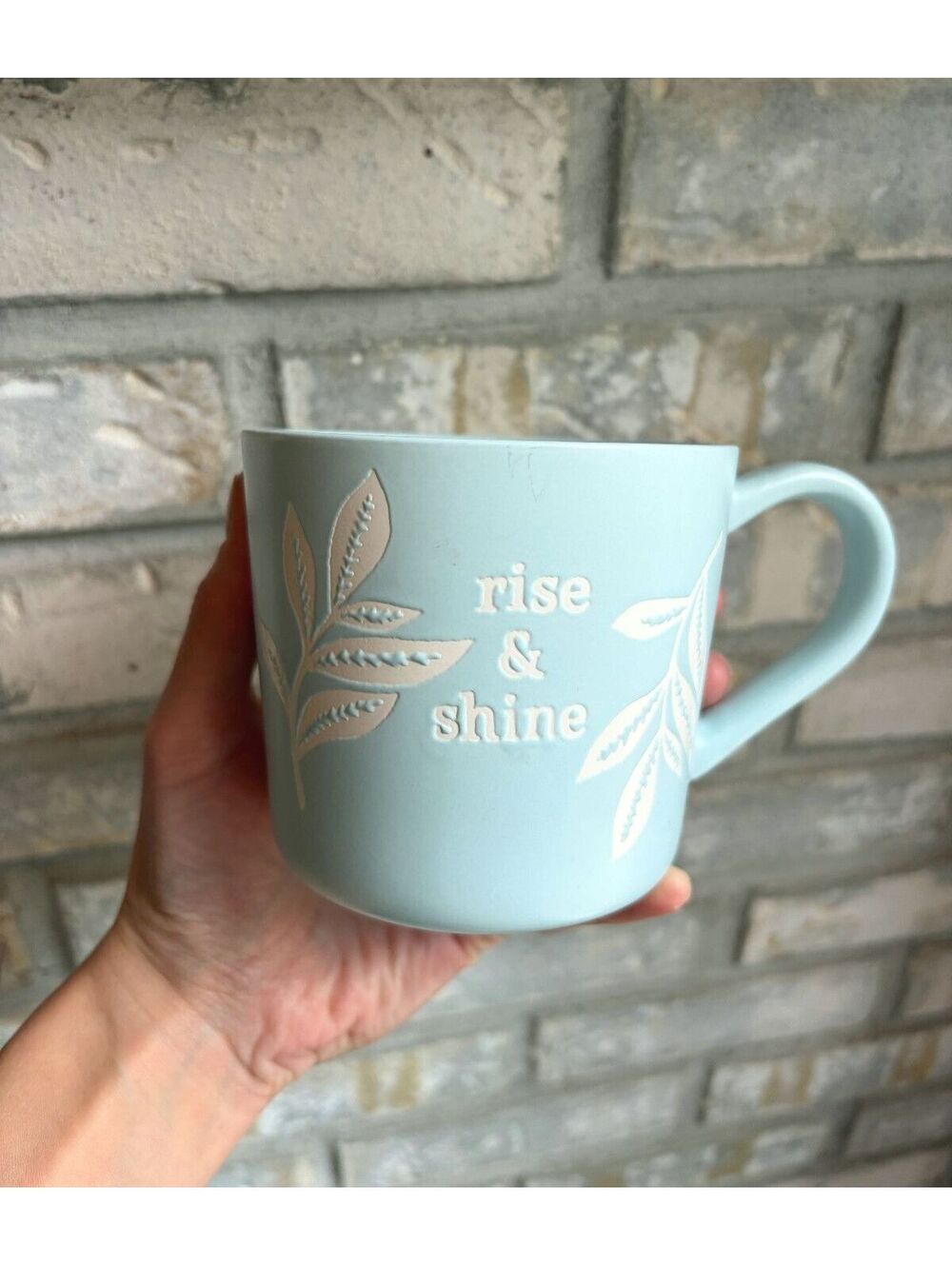 Sky blue "Rise & Shine" Stoneware Coffee Mug Leaf Botanical